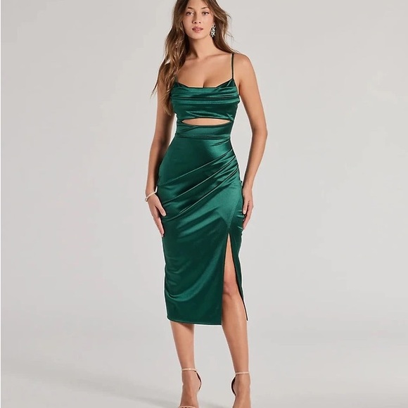 Windsor Dresses & Skirts - Windsor Elegant Green Satin Dress with Front Cut Out